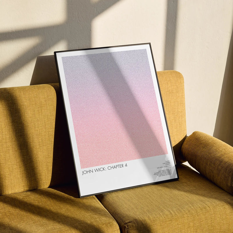 A framed John Wick: Chapter 4 movie script poster styled in a clean interior setting.