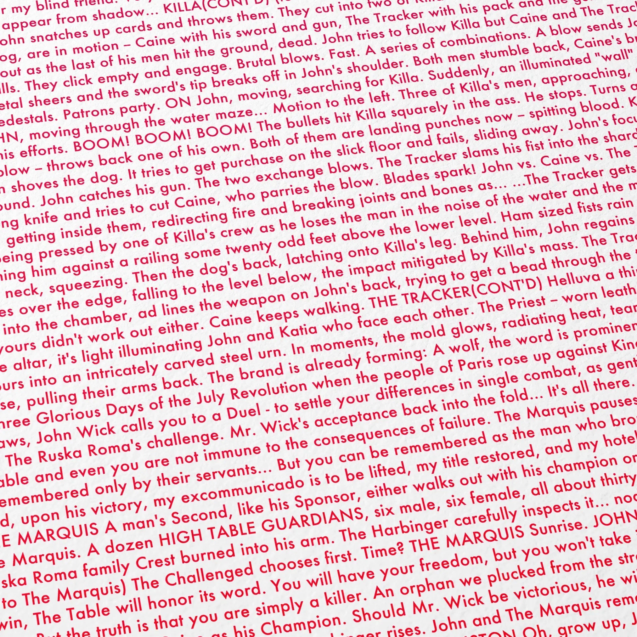 Close-up detail of the John Wick: Chapter 4 movie script poster showing dense typographic text.