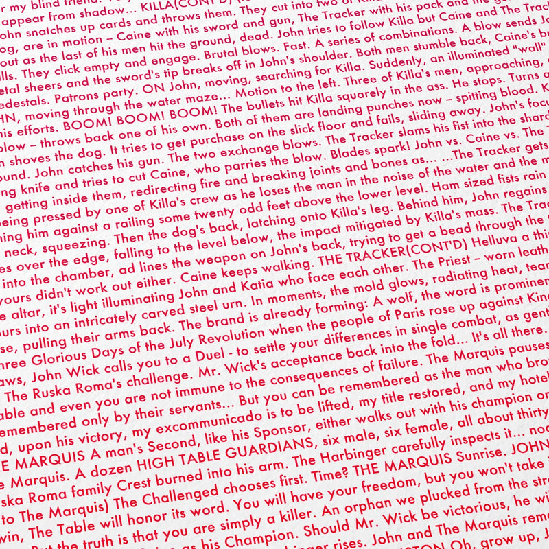 Close-up detail of the John Wick: Chapter 4 movie script poster showing dense typographic text.