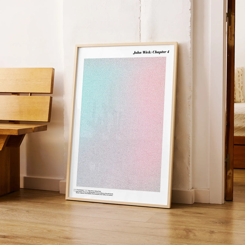 A framed John Wick: Chapter 4 movie script poster arranged in a minimalist interior setting.