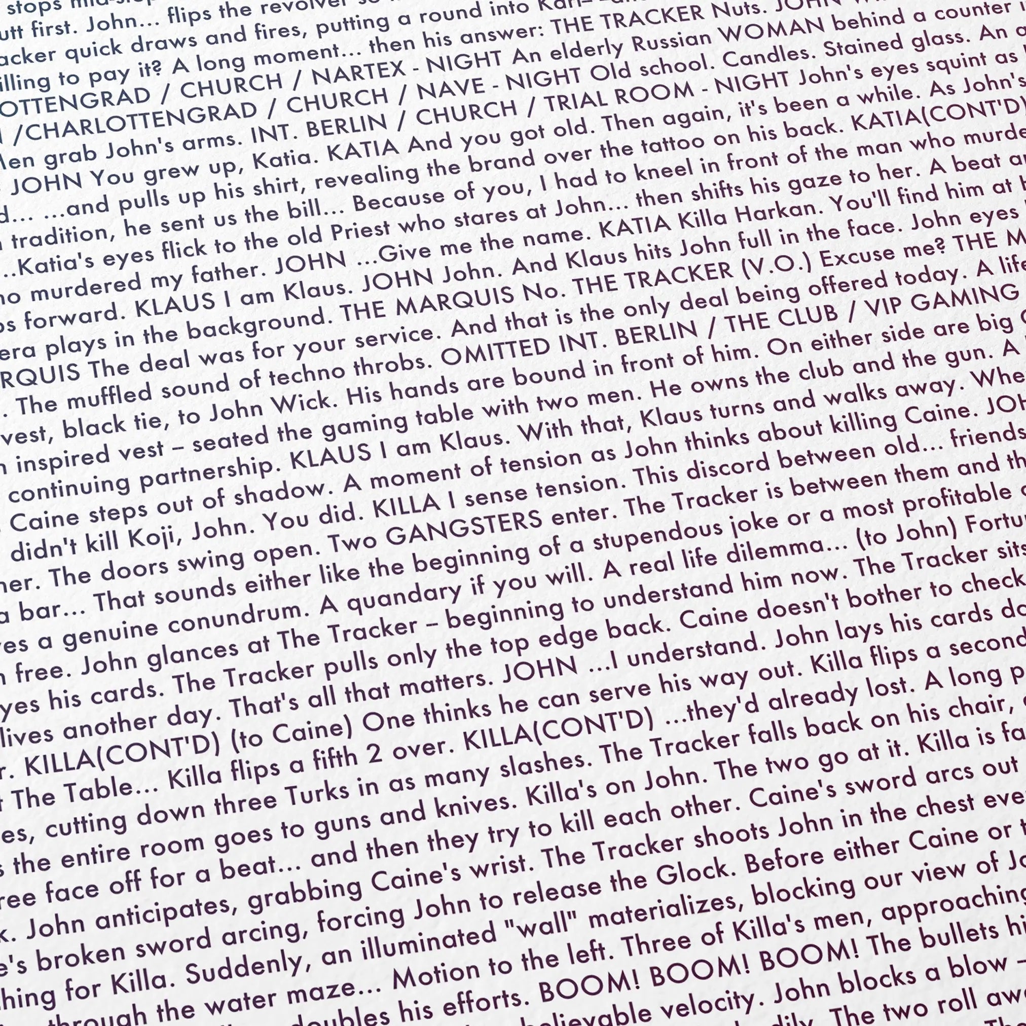 Close-up detail of the John Wick: Chapter 4 movie script poster showing dense typographic text.