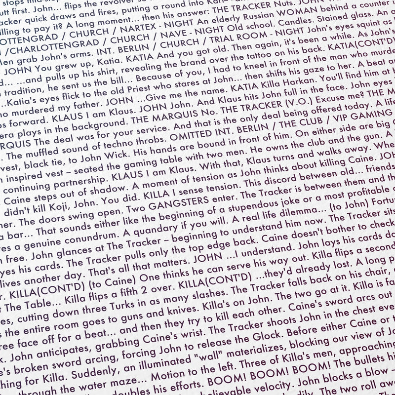 Close-up detail of the John Wick: Chapter 4 movie script poster showing dense typographic text.