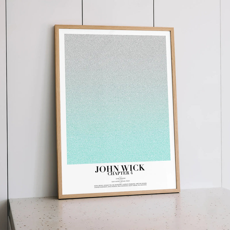 A framed John Wick: Chapter 4 movie script poster styled within a calm interior space.