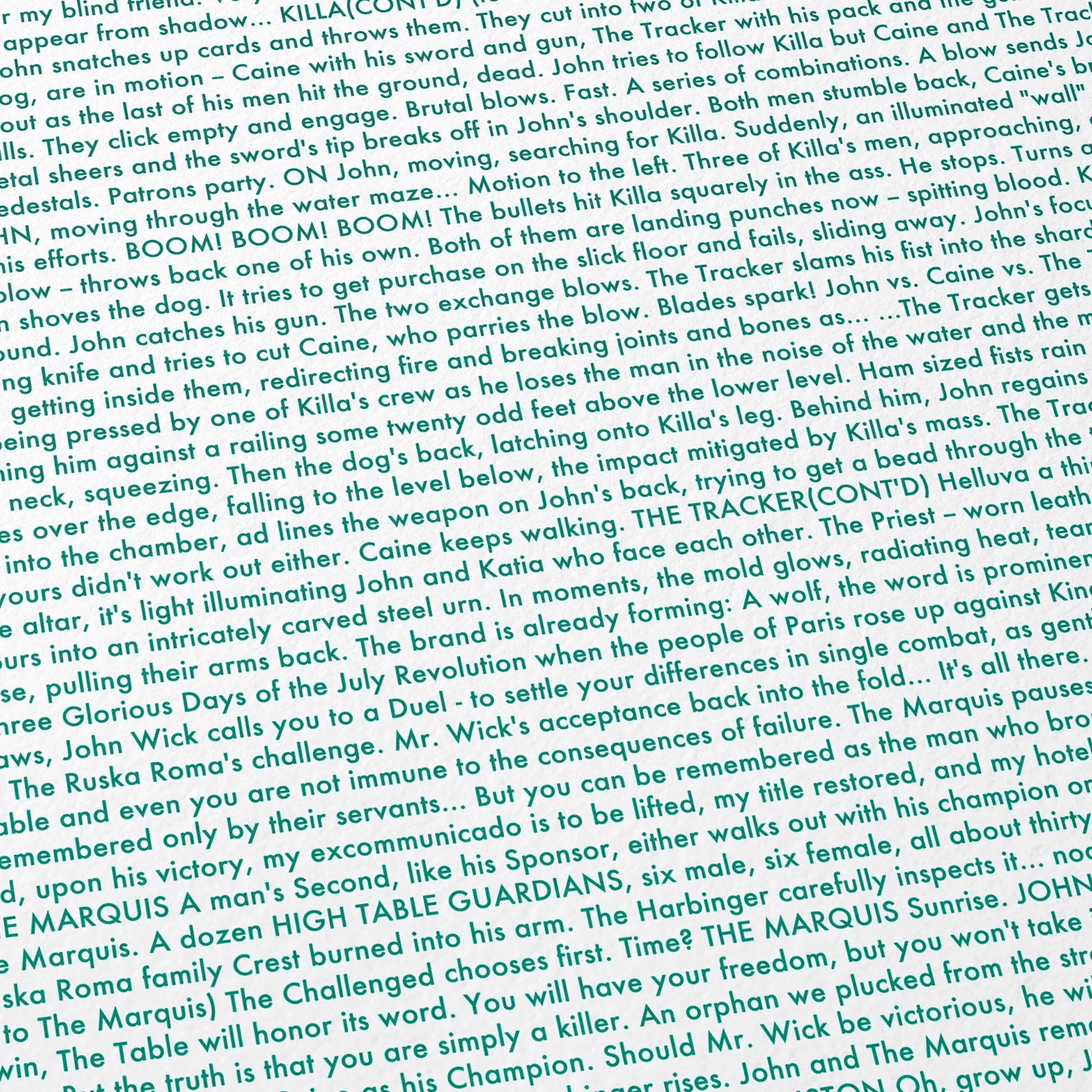 Close-up detail of the John Wick: Chapter 4 movie script poster showing dense typographic text.