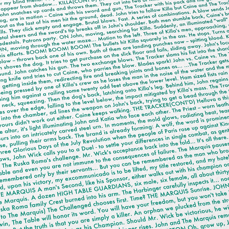 Close-up detail of the John Wick: Chapter 4 movie script poster showing dense typographic text.