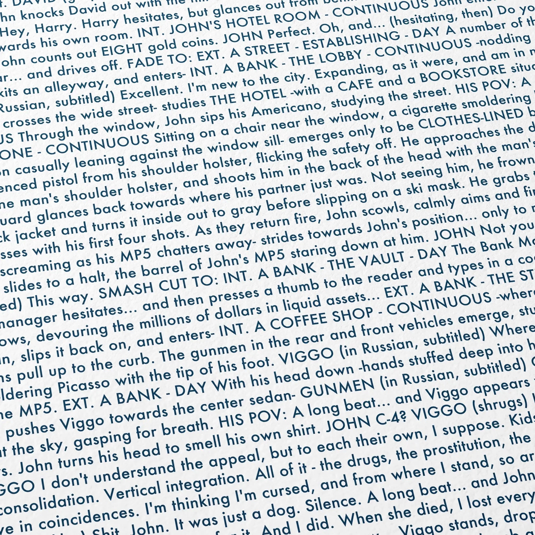 Close-up detail of the John Wick movie script poster showing dense typographic text.