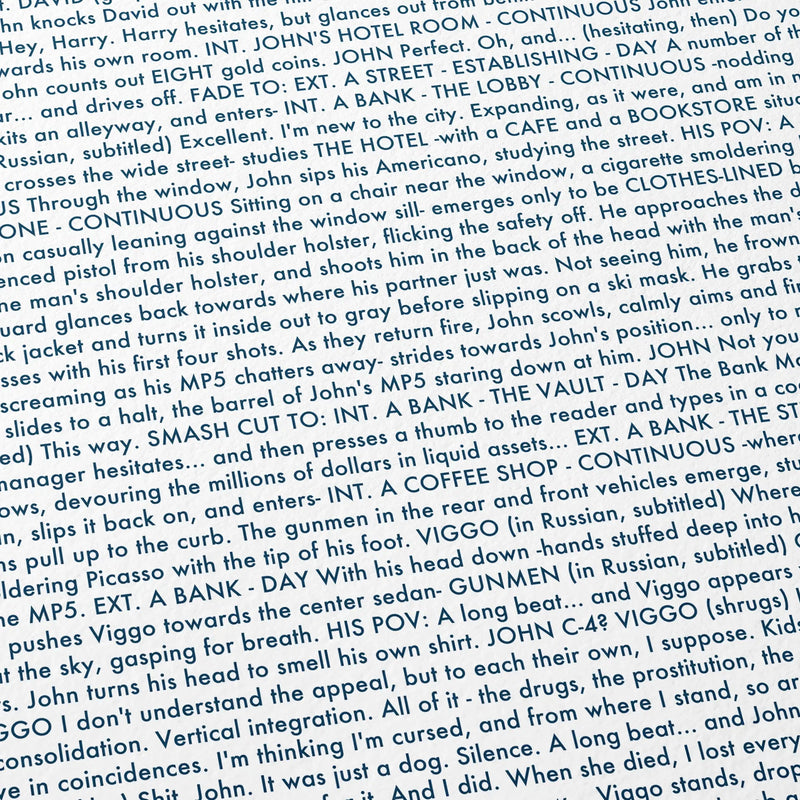 Close-up detail of the John Wick movie script poster showing dense typographic text.