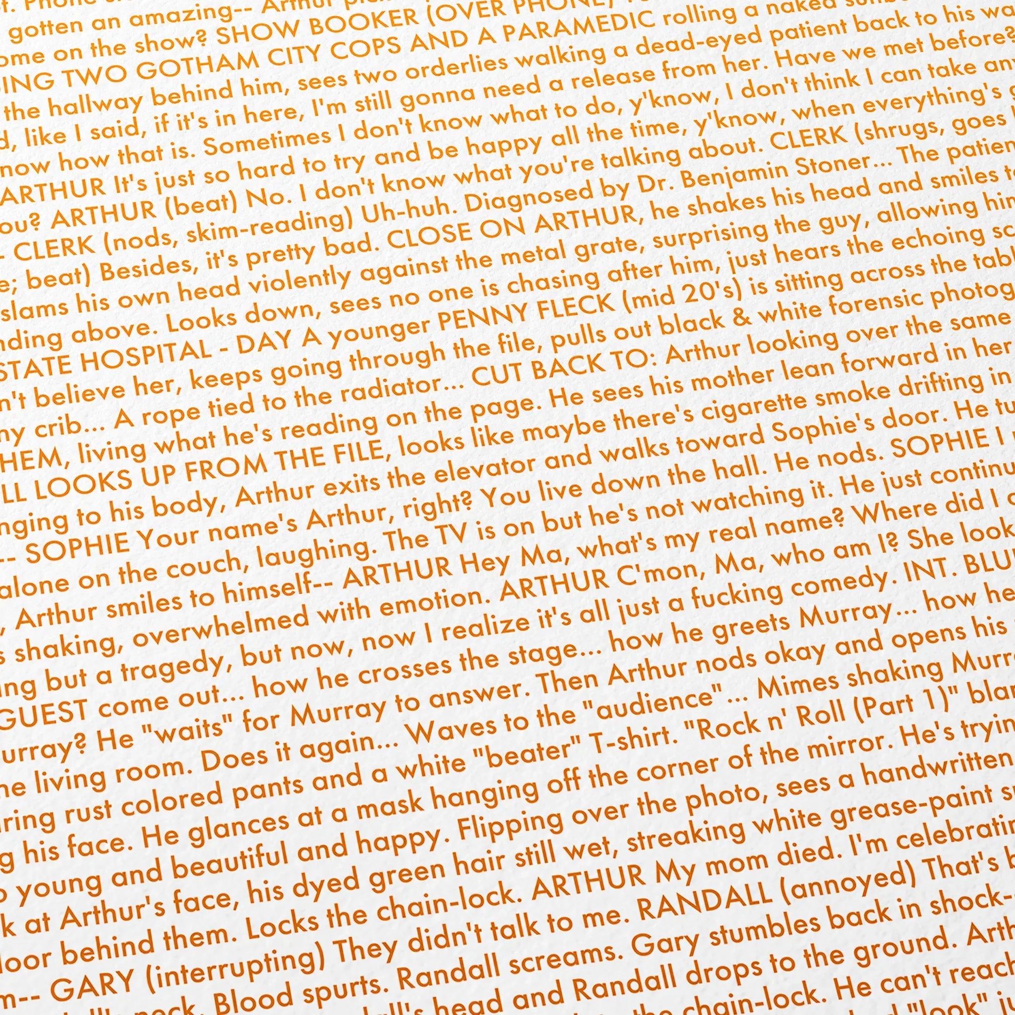 Close-up detail of the Joker movie script poster showing dense typographic text.