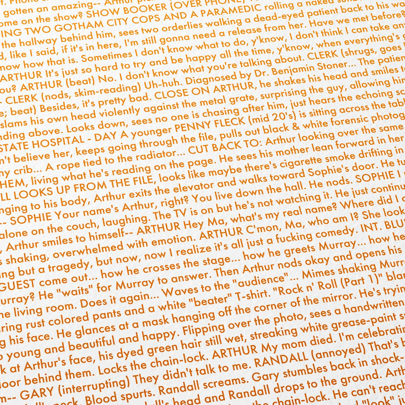 Close-up detail of the Joker movie script poster showing dense typographic text.