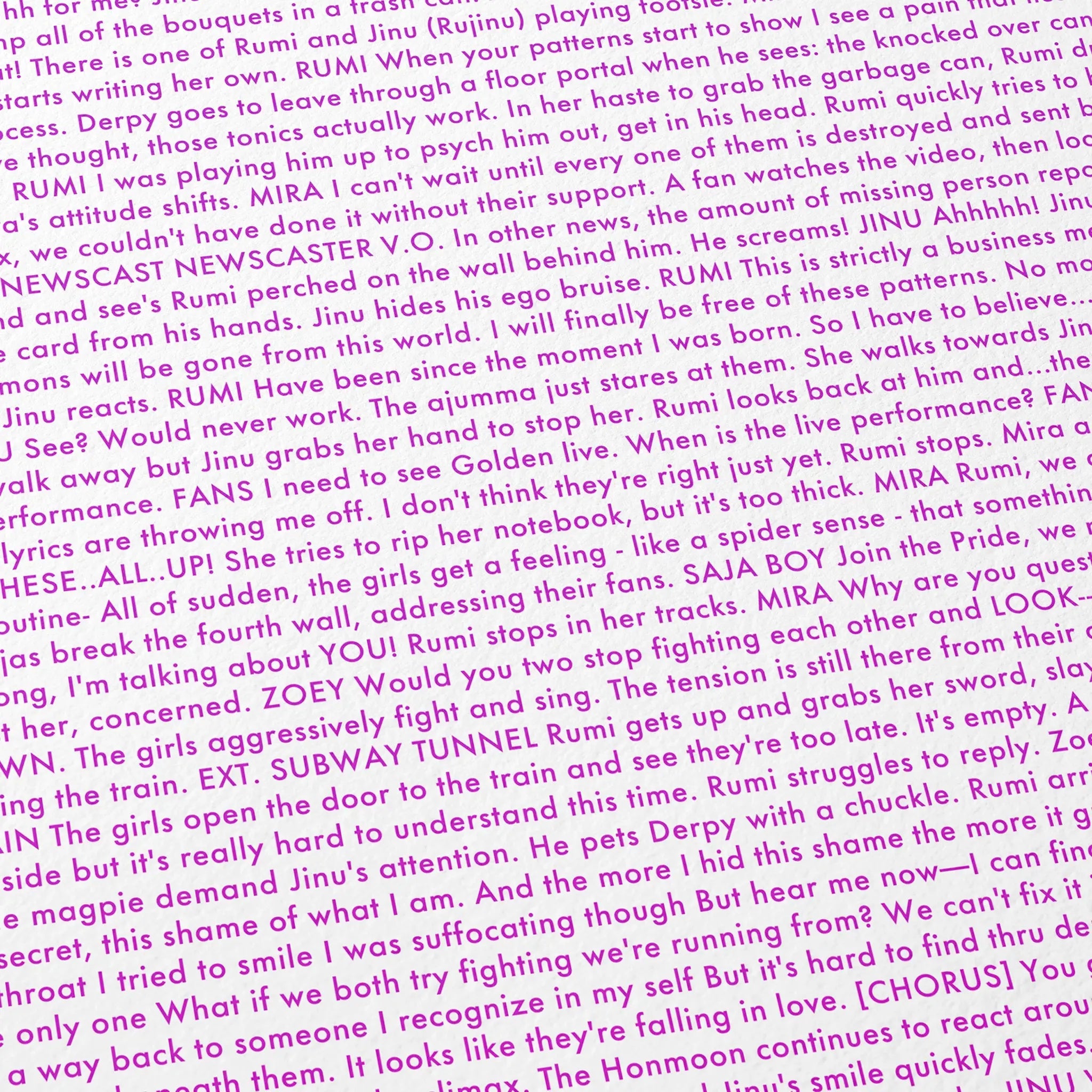 Close-up detail of the K-Pop Demon Hunters movie script poster showing dense typographic text.