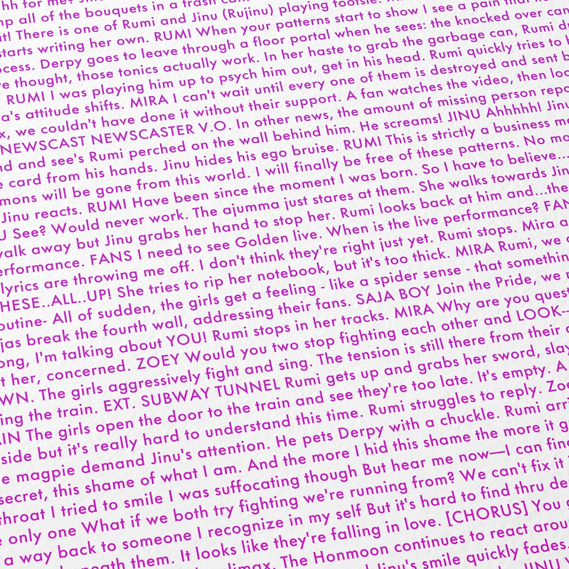 Close-up detail of the K-Pop Demon Hunters movie script poster showing dense typographic text.