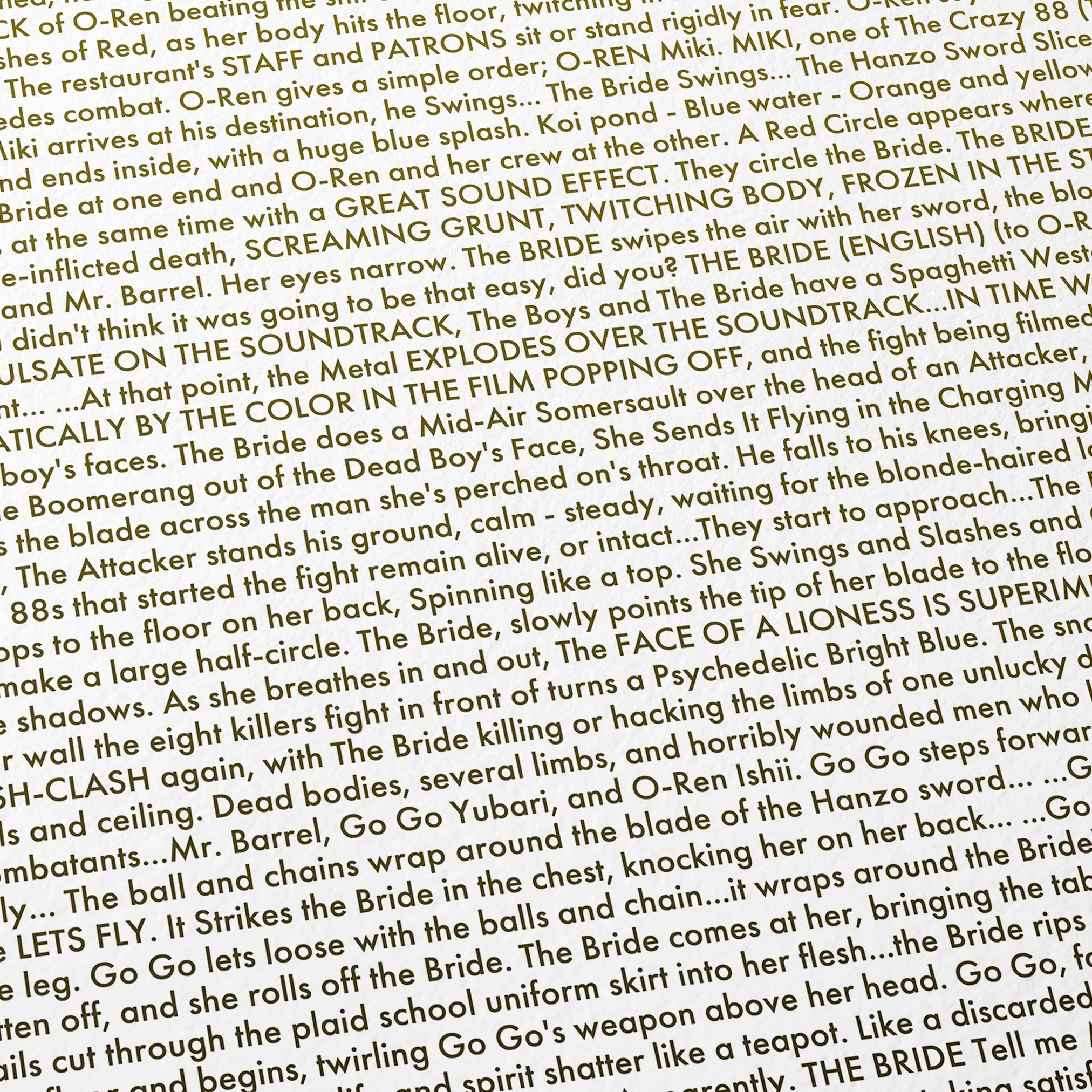 Close-up detail of the Kill Bill movie script poster showing dense typographic text.
