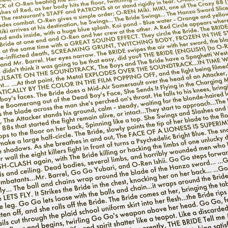 Close-up detail of the Kill Bill movie script poster showing dense typographic text.