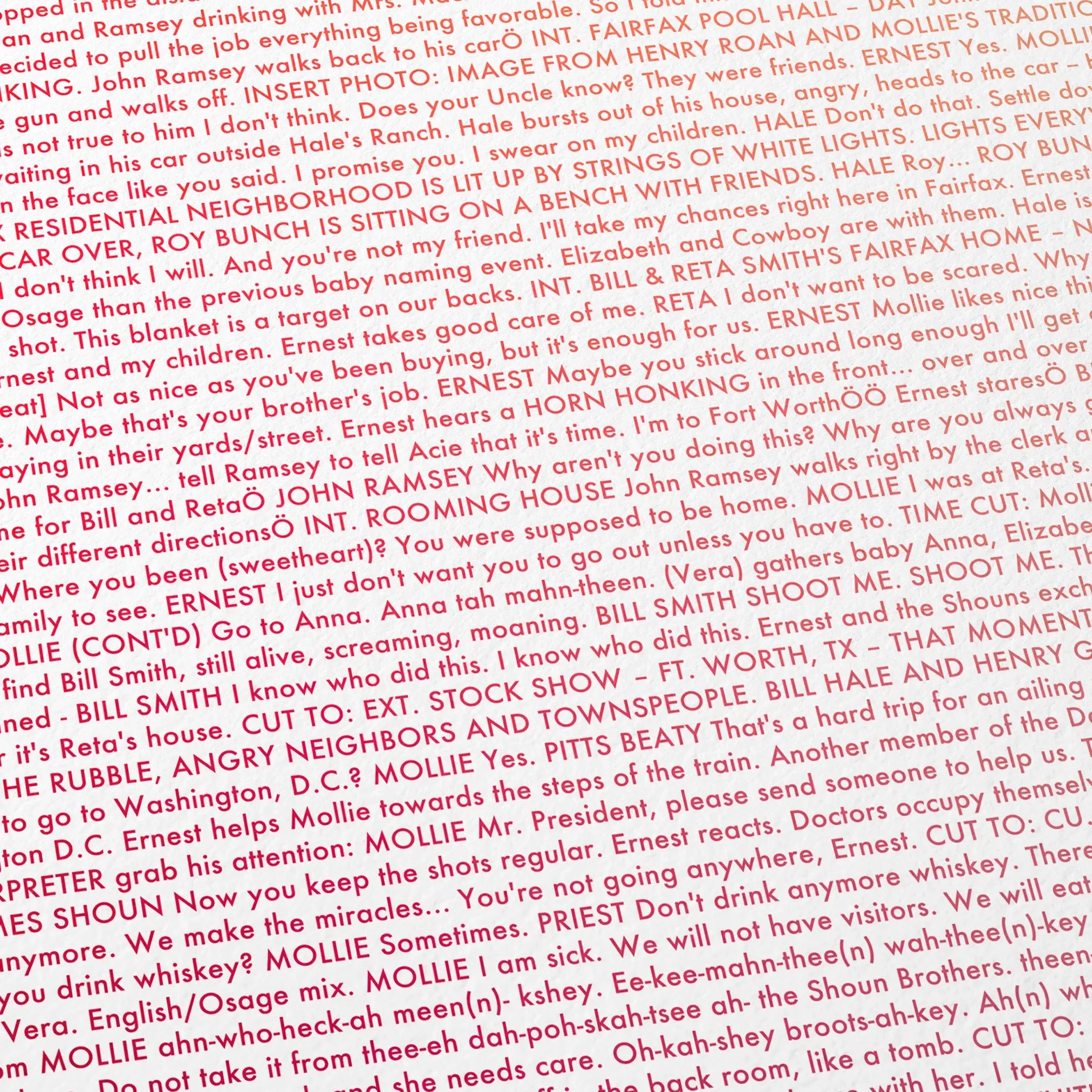 Close-up detail of the Killers of the Flower Moon movie script poster showing dense typographic text.