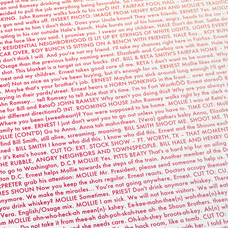 Close-up detail of the Killers of the Flower Moon movie script poster showing dense typographic text.