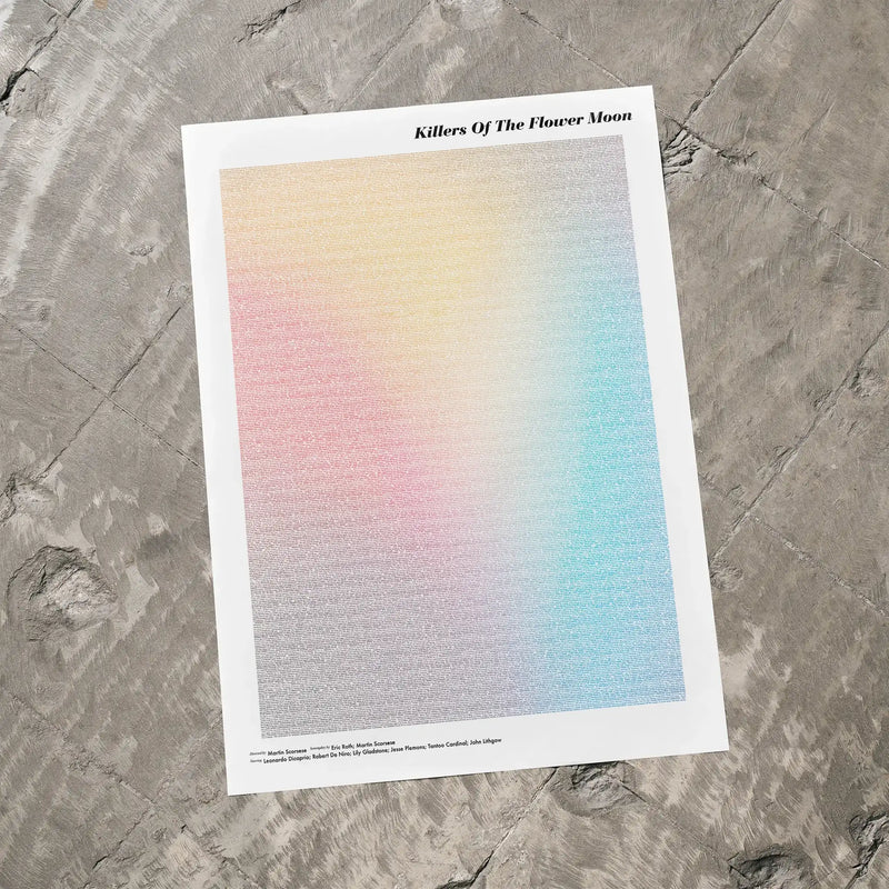 A Killers of the Flower Moon movie script poster laid flat on a textured floor surface.