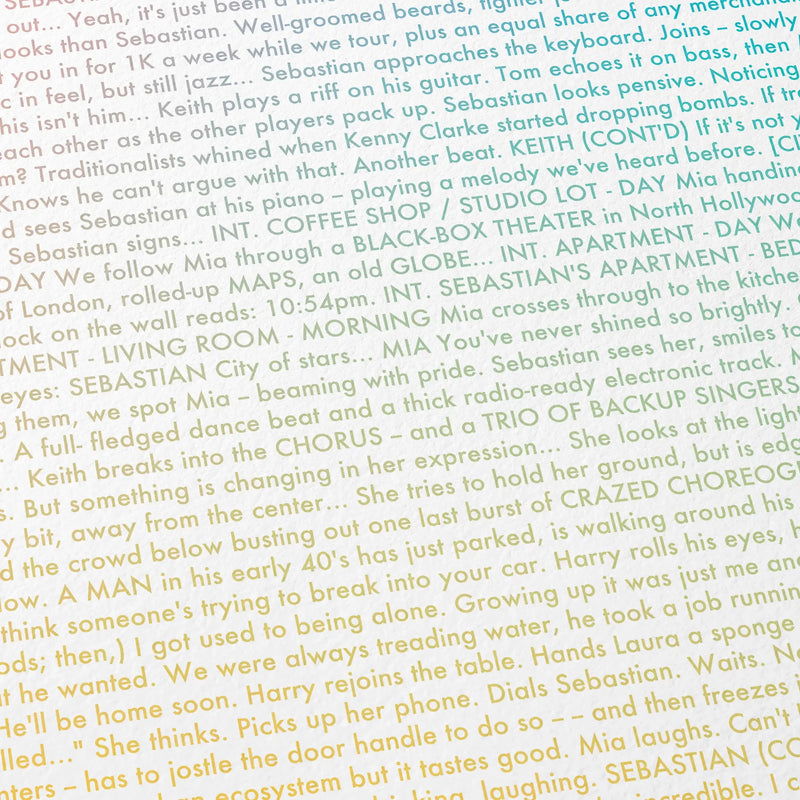 Close-up detail of the La La Land movie script poster showing dense typographic text.