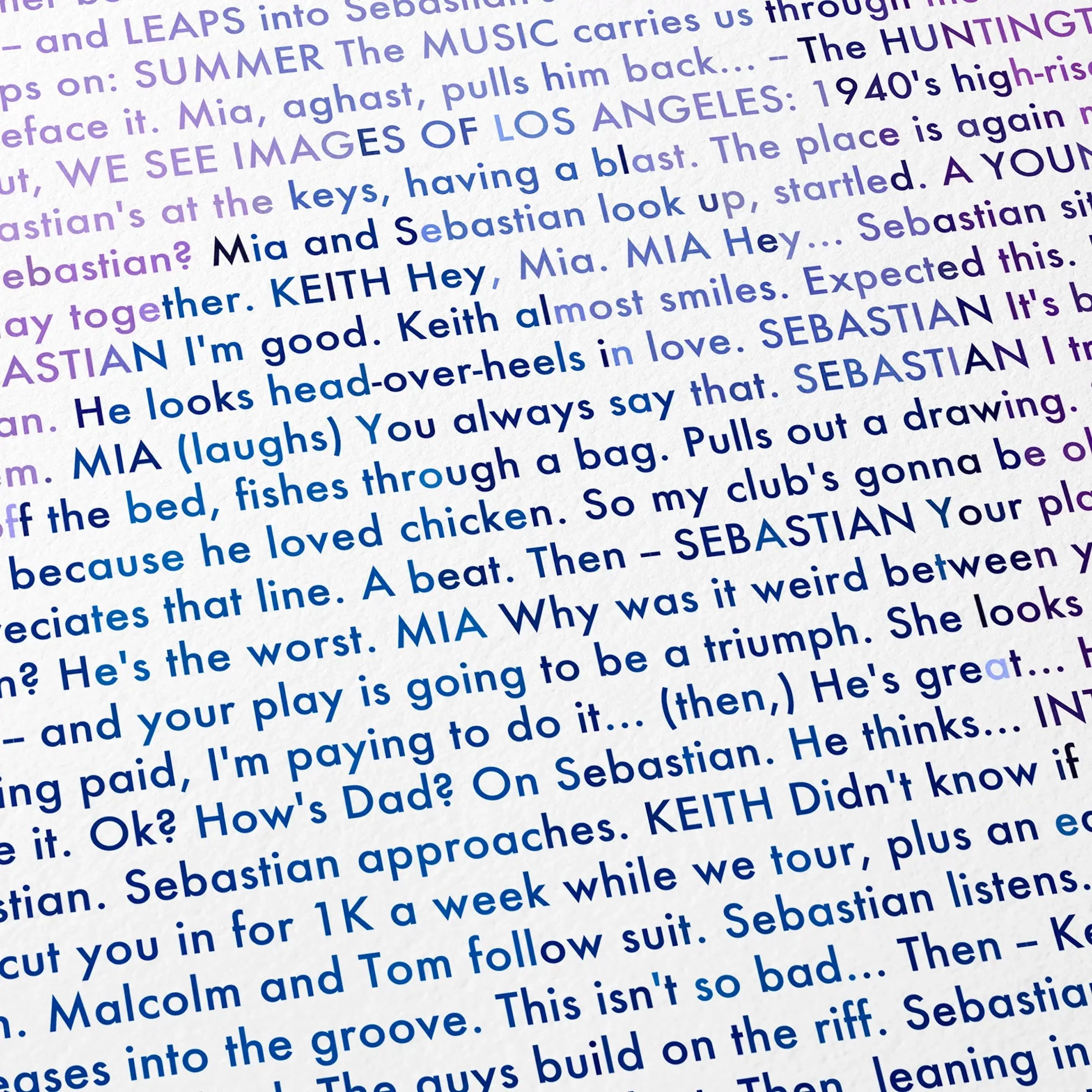 Close-up detail of the La La Land movie script poster showing dense typographic text.