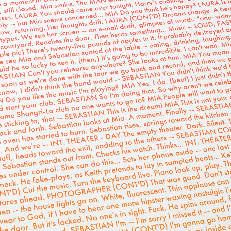 Close-up detail of the La La Land movie script poster showing dense typographic text.