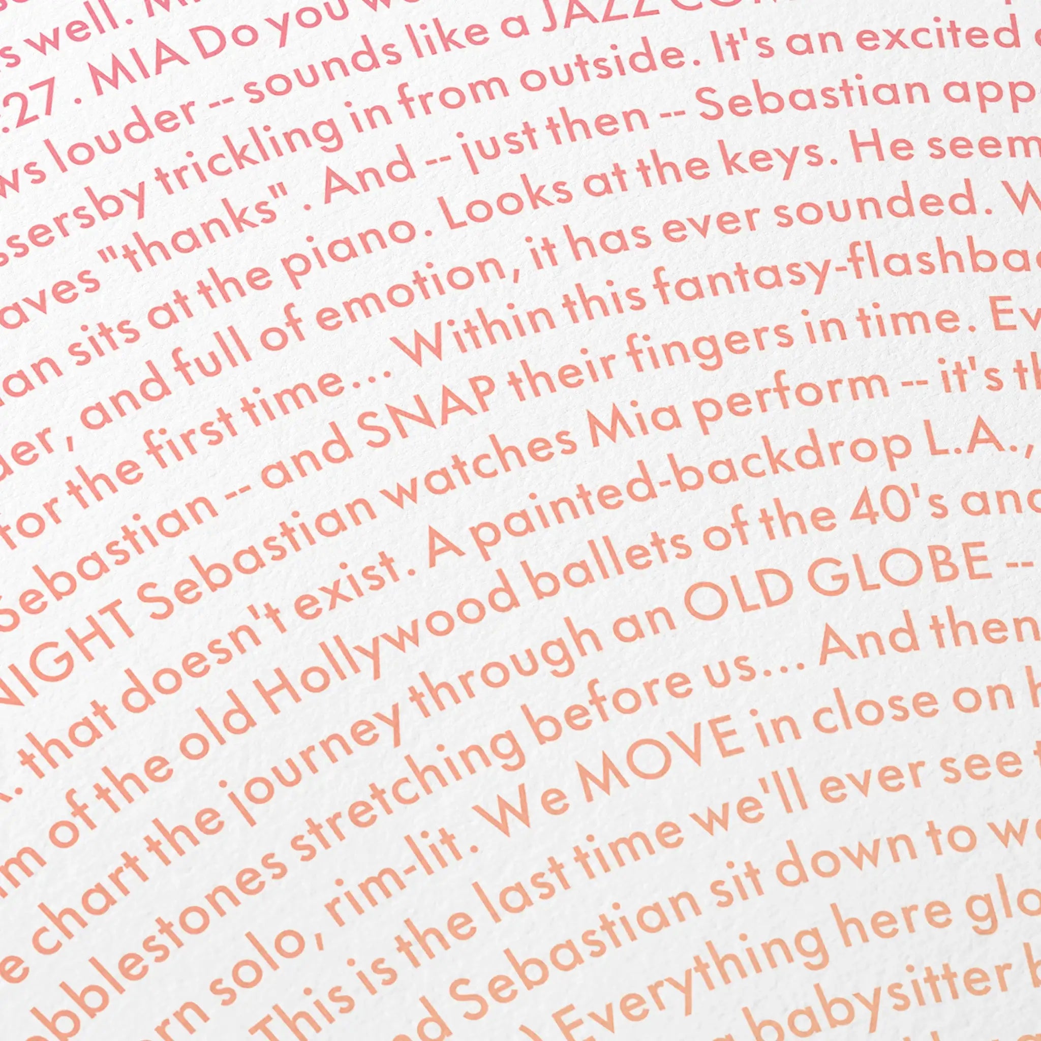Close-up detail of the La La Land movie script poster showing dense typographic text.