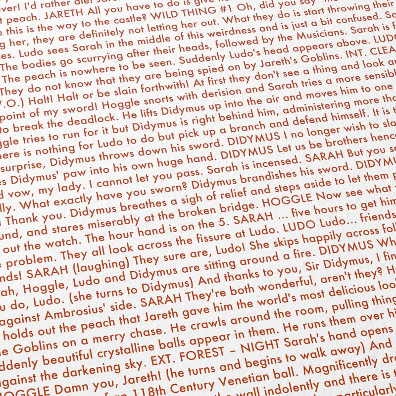 Close-up detail of the Labyrinth movie script poster showing dense typographic text.