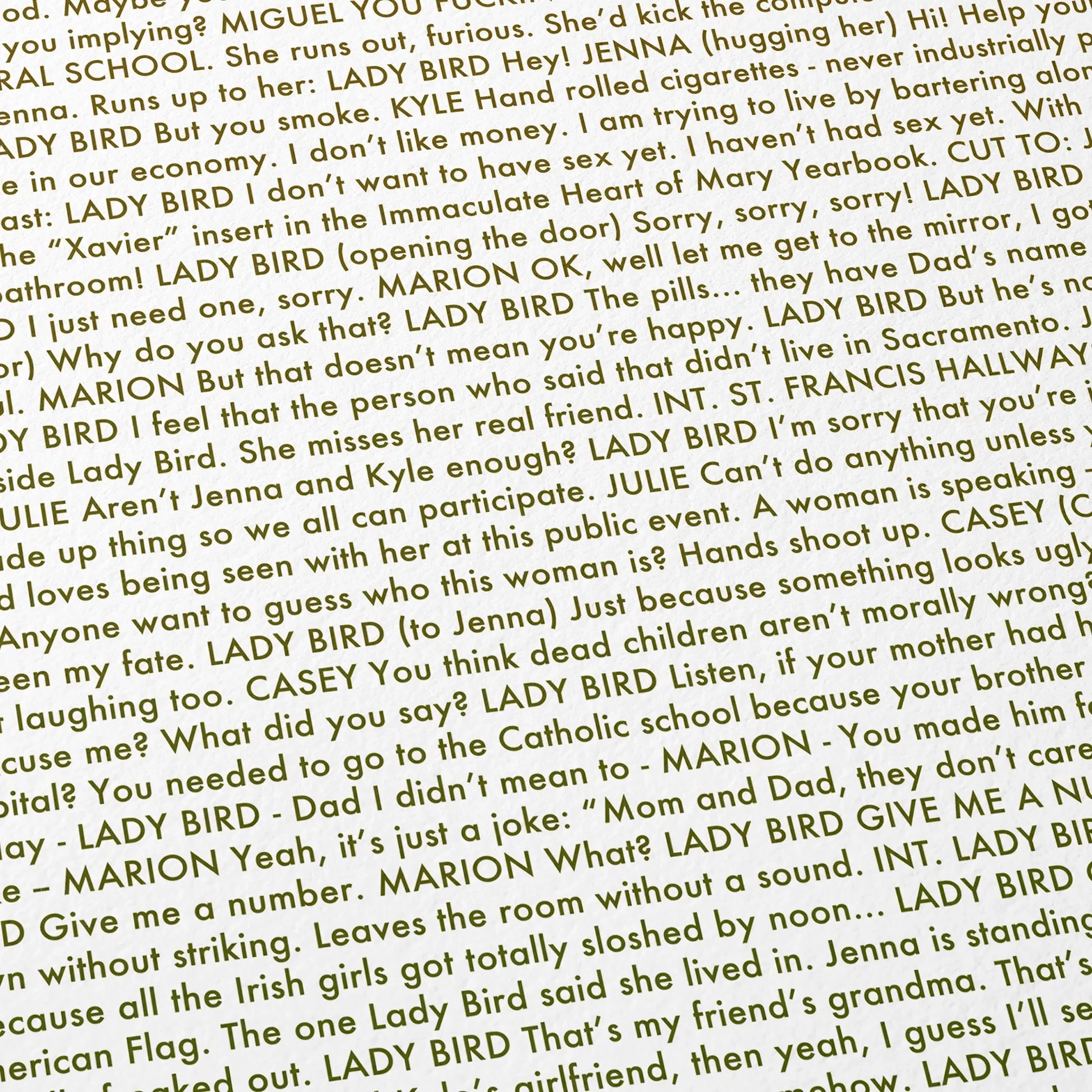 Close-up detail of the Lady Bird movie script poster showing dense typographic text.