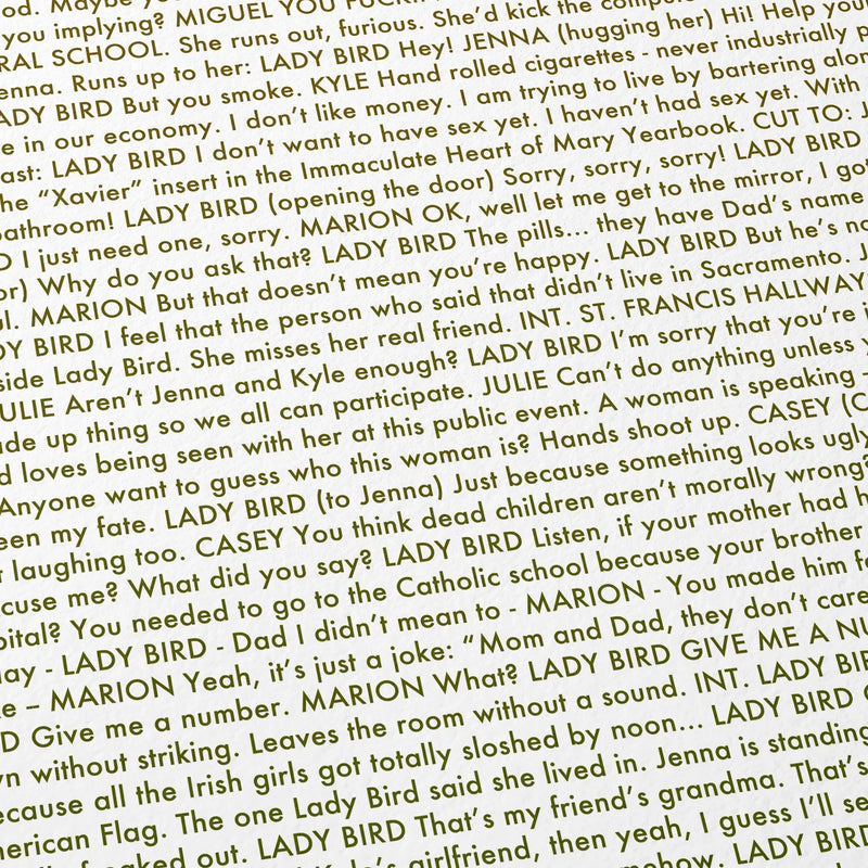 Close-up detail of the Lady Bird movie script poster showing dense typographic text.