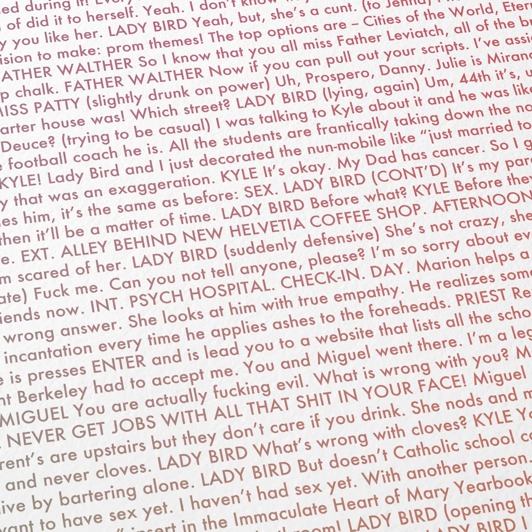Close-up detail of the Lady Bird movie script poster showing dense typographic text.