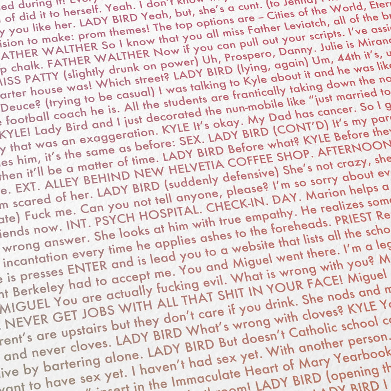 Close-up detail of the Lady Bird movie script poster showing dense typographic text.