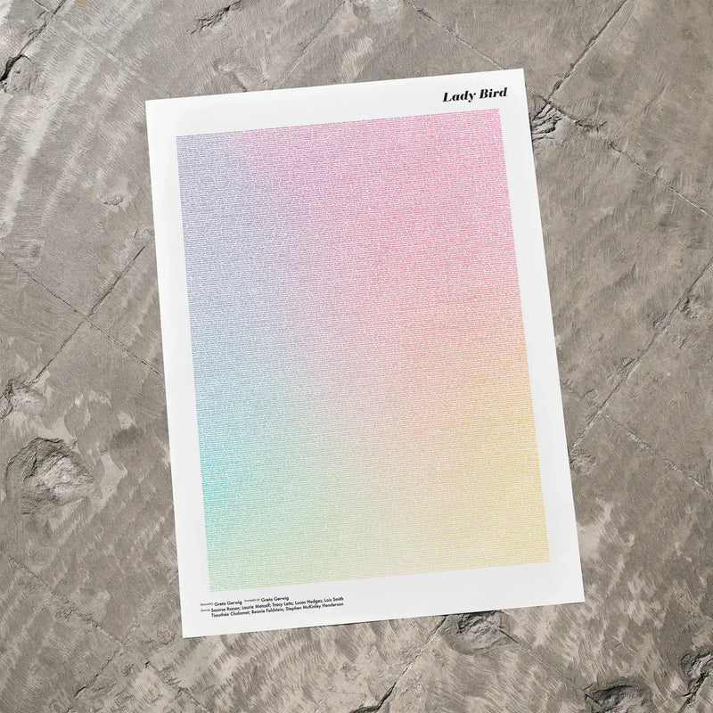 A Lady Bird movie script poster laid flat on a textured floor surface.