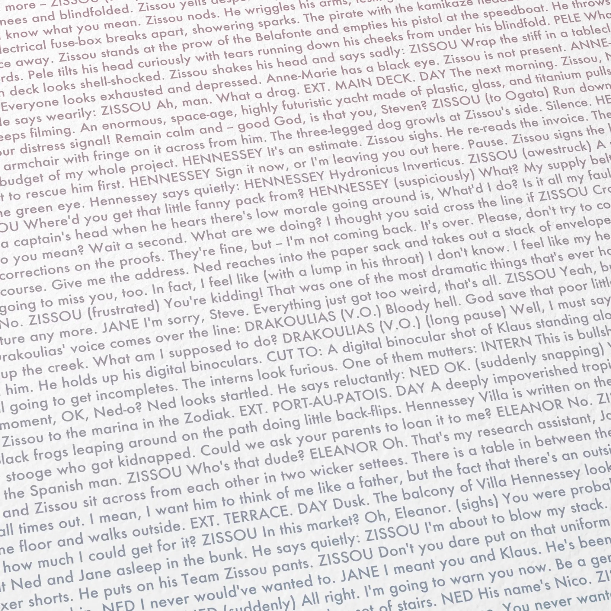 Close-up detail of the The Life Aquatic with Steve Zissou movie script poster showing dense typographic text.