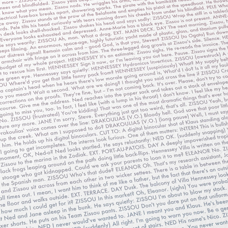 Close-up detail of the The Life Aquatic with Steve Zissou movie script poster showing dense typographic text.