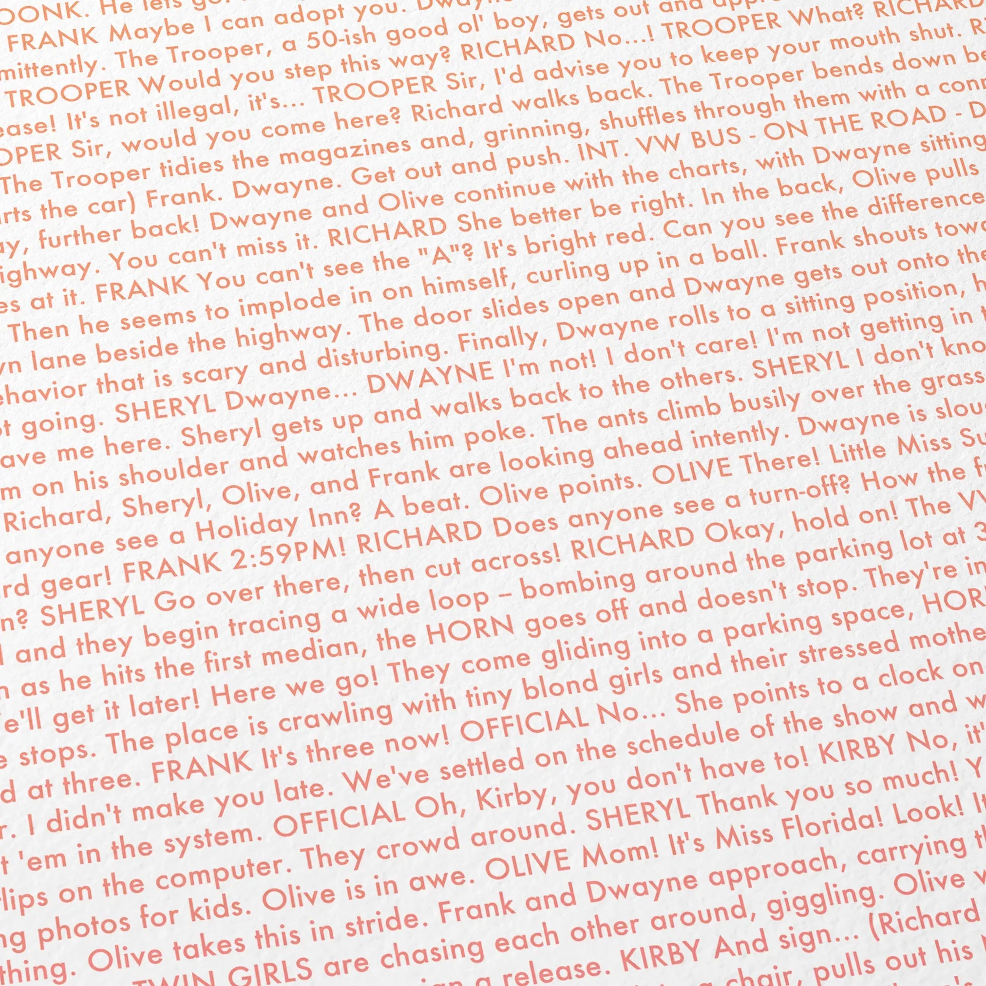 Close-up detail of the Little Miss Sunshine movie script poster showing dense typographic text.