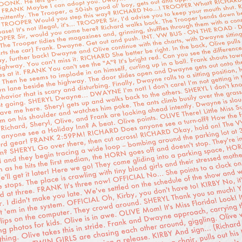 Close-up detail of the Little Miss Sunshine movie script poster showing dense typographic text.