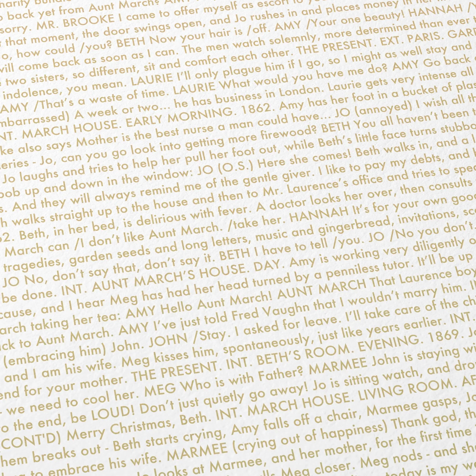 Close-up detail of the Little Women movie script poster showing dense typographic text.