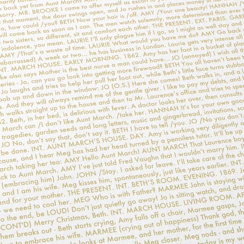 Close-up detail of the Little Women movie script poster showing dense typographic text.