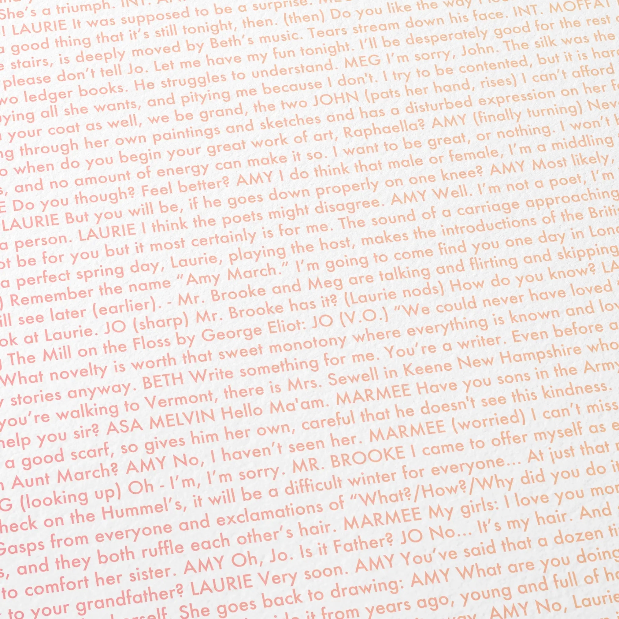 Close-up detail of the Little Women movie script poster showing dense typographic text.