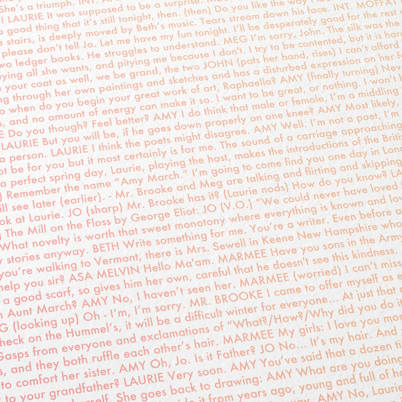 Close-up detail of the Little Women movie script poster showing dense typographic text.