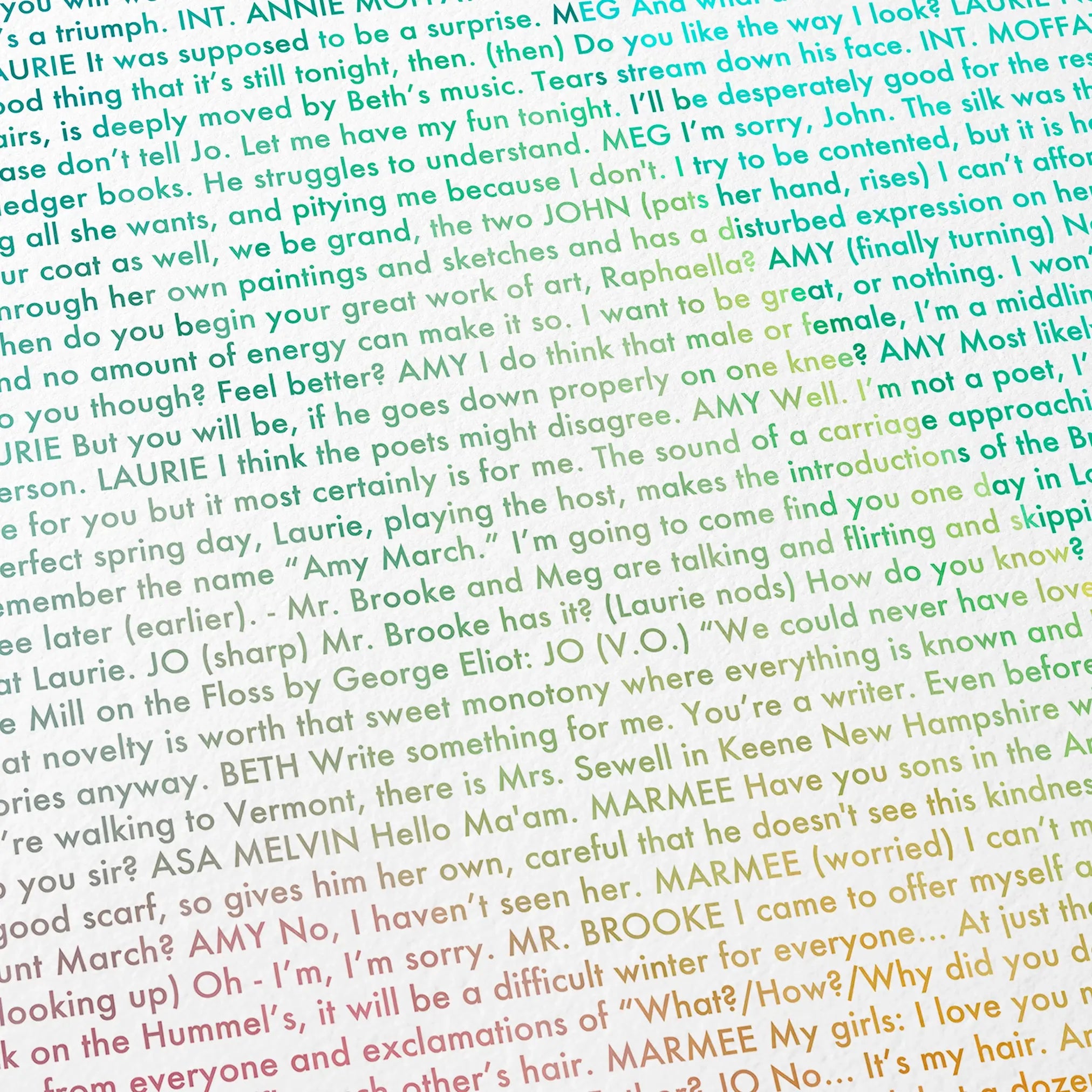 Close-up detail of the Little Women movie script poster showing dense typographic text.