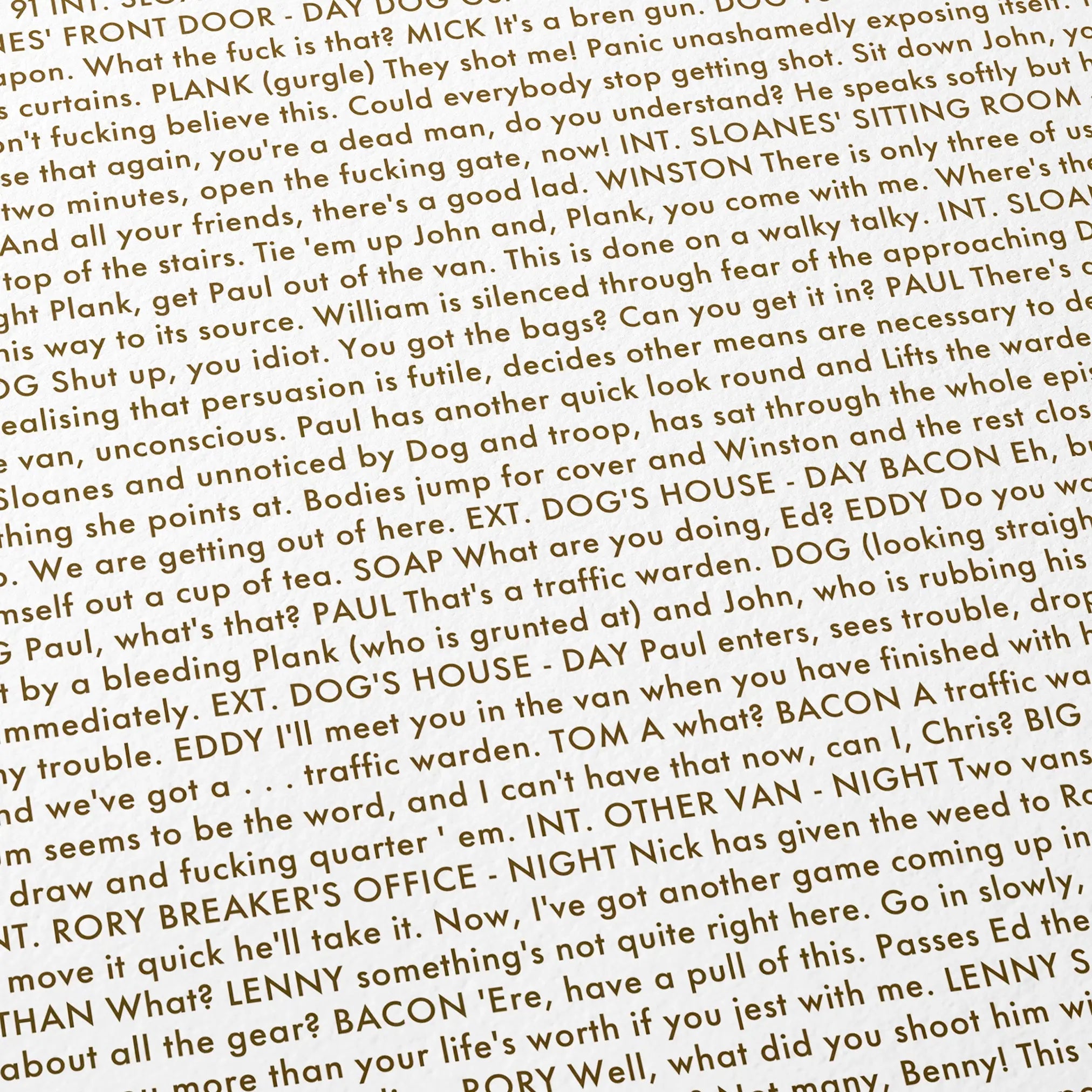 Close-up detail of the Lock, Stock and Two Smoking Barrels movie script poster showing dense typographic text.