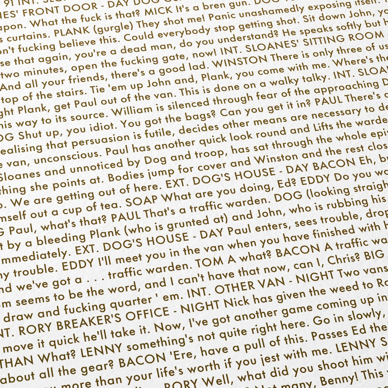 Close-up detail of the Lock, Stock and Two Smoking Barrels movie script poster showing dense typographic text.