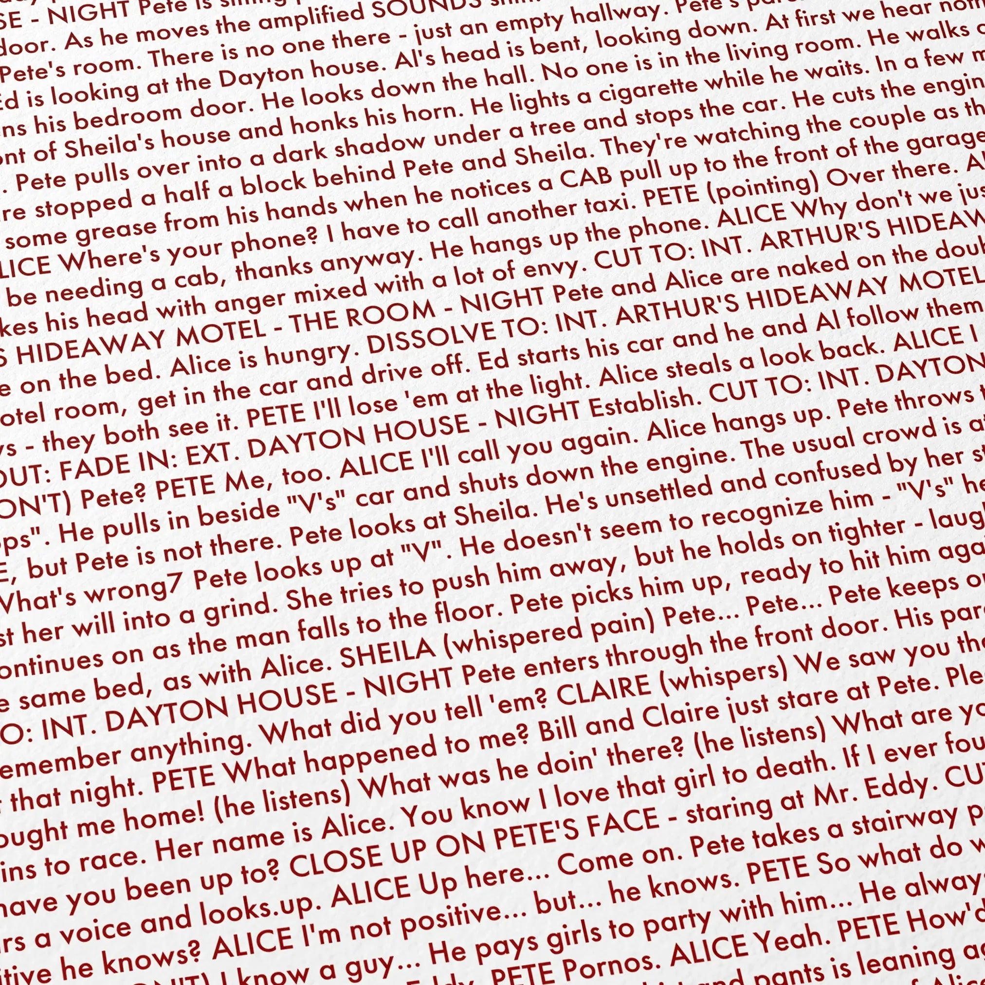 Close-up detail of the Lost Highway movie script poster showing dense typographic text.