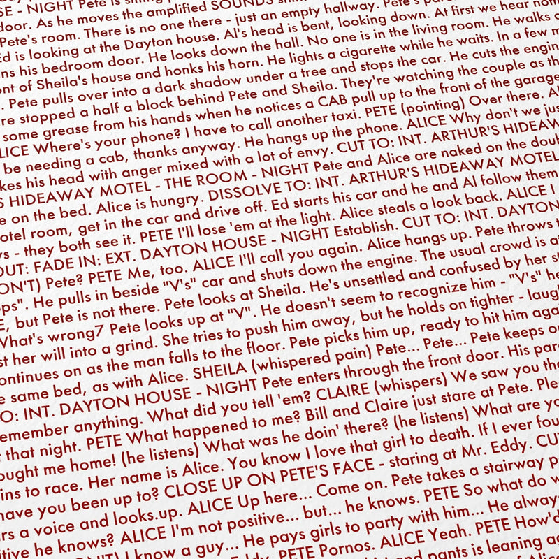 Close-up detail of the Lost Highway movie script poster showing dense typographic text.