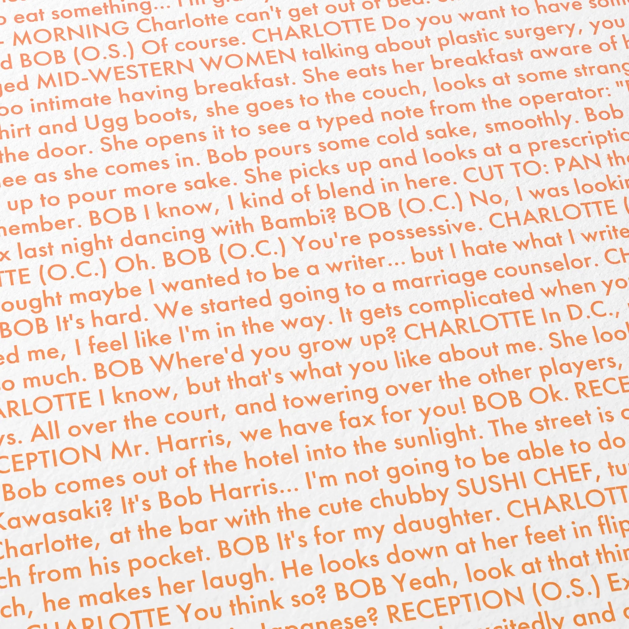 Close-up detail of the Lost in Translation movie script poster showing dense typographic text.