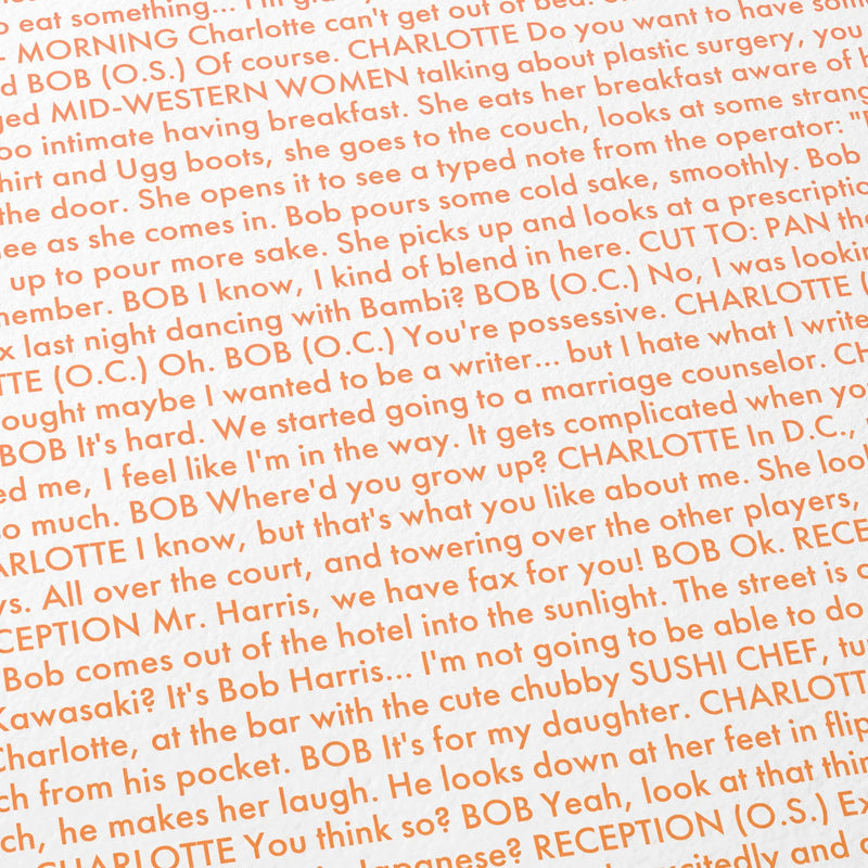 Close-up detail of the Lost in Translation movie script poster showing dense typographic text.