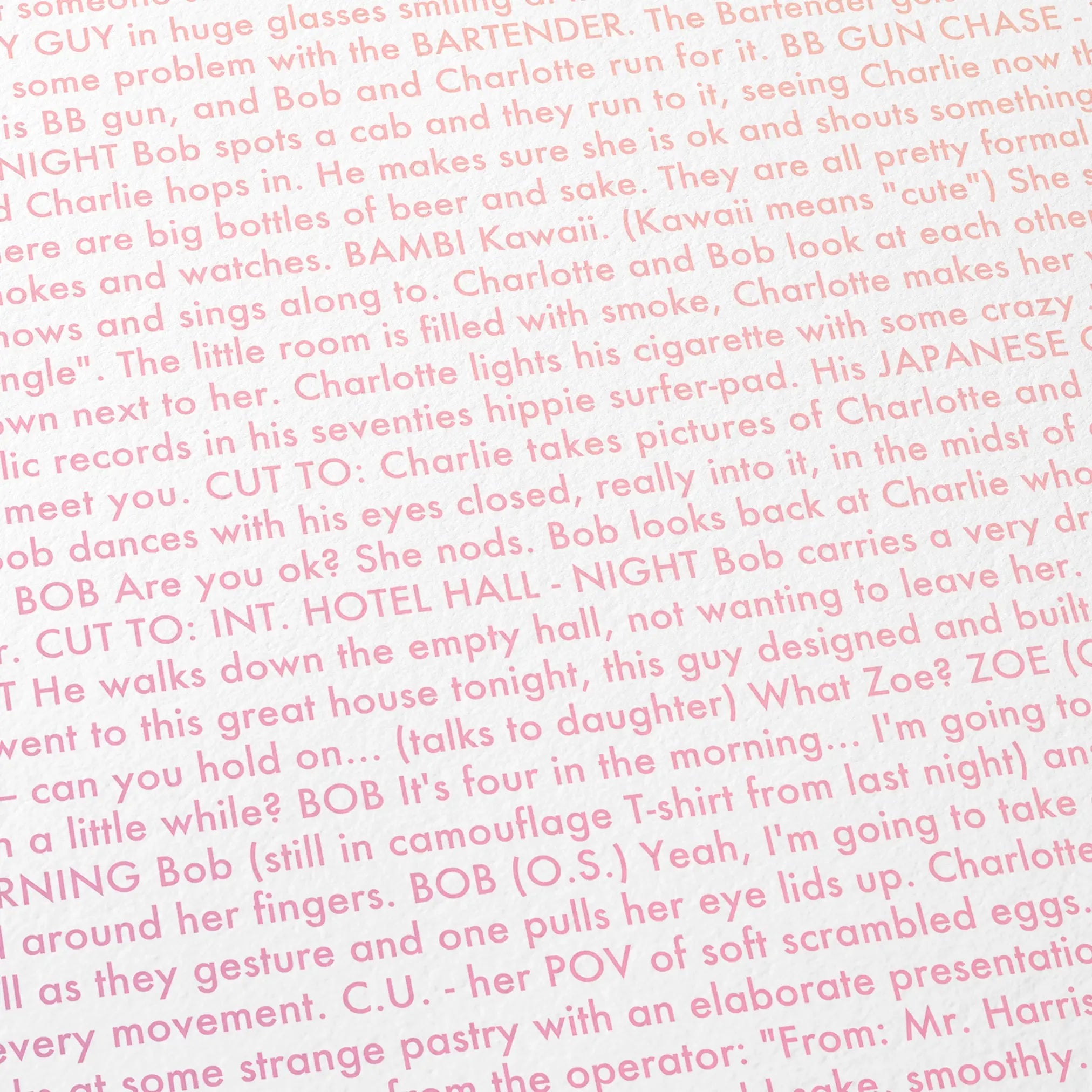 Close-up detail of the Lost in Translation movie script poster showing dense typographic text.