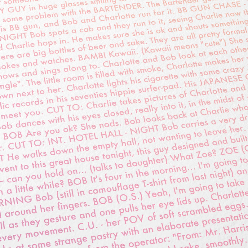 Close-up detail of the Lost in Translation movie script poster showing dense typographic text.