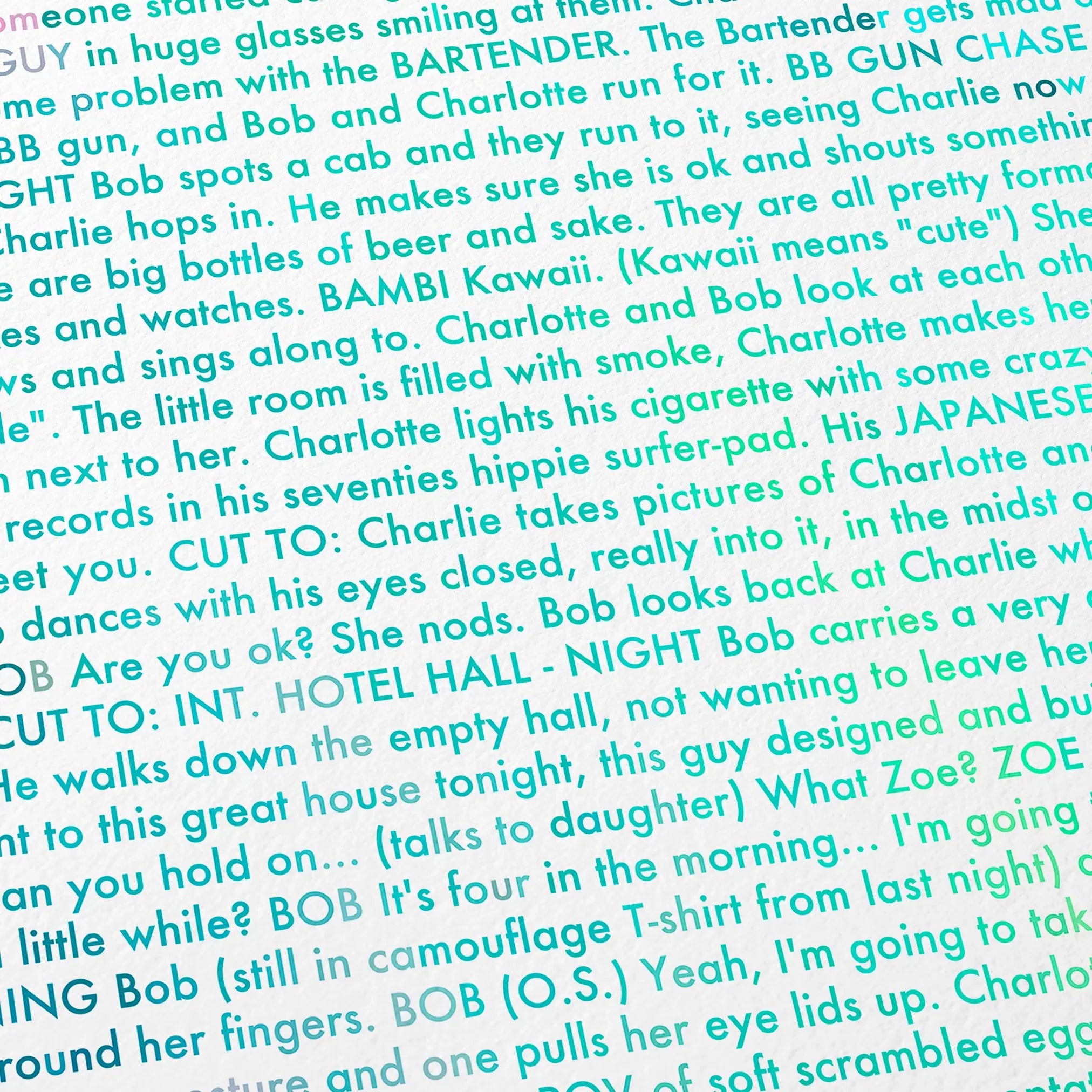 Close-up detail of the Lost in Translation movie script poster showing dense typographic text.