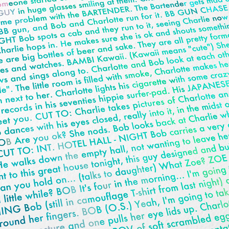 Close-up detail of the Lost in Translation movie script poster showing dense typographic text.