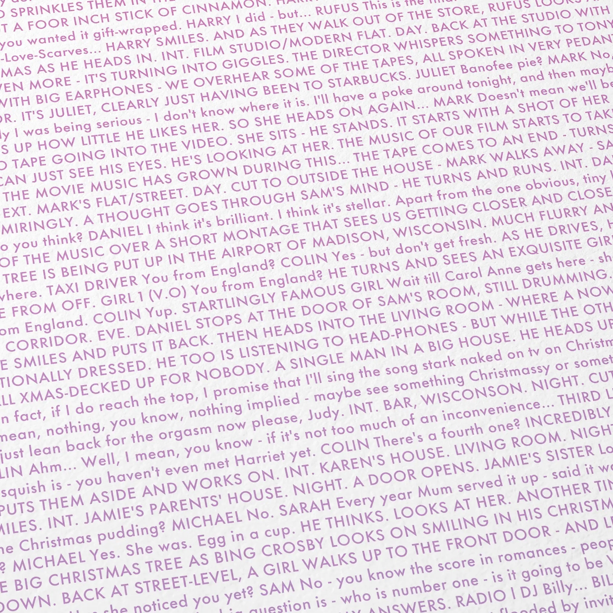 Close-up detail of the Love Actually movie script poster showing dense typographic text.